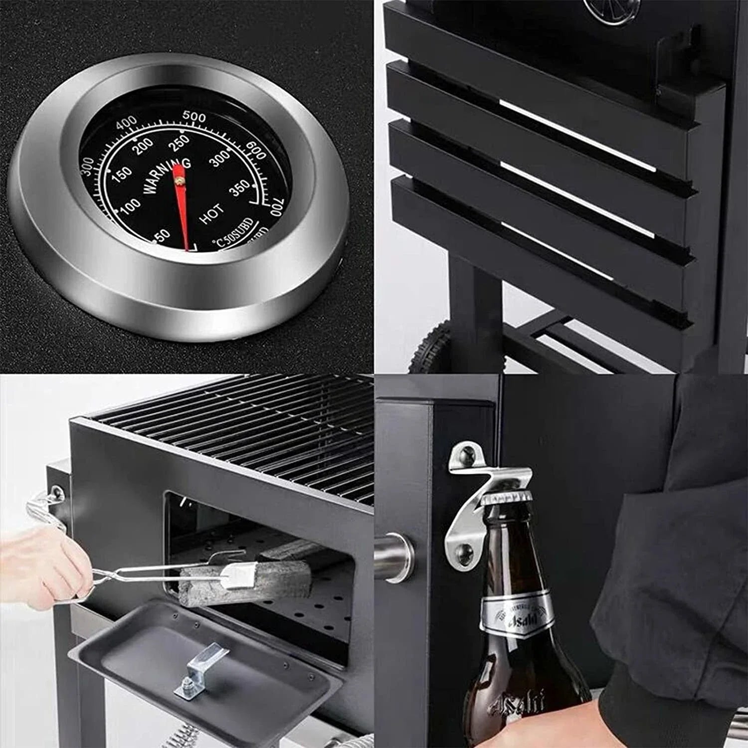 Black Charcoal Grill BBQ Trolley Wheels Two Arm Garden Smoker Shelf Side Steel